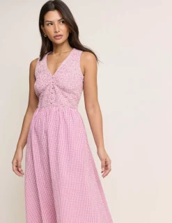 Pure Cotton Gingham V-Neck Midi Dress