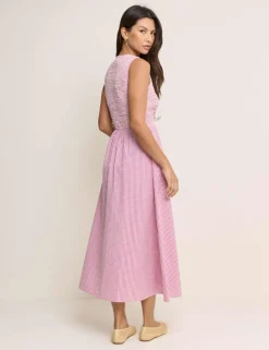 Pure Cotton Gingham V-Neck Midi Dress