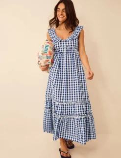Pure Cotton Gingham V-Neck Beach Dress