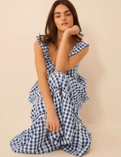 Pure Cotton Gingham V-Neck Beach Dress