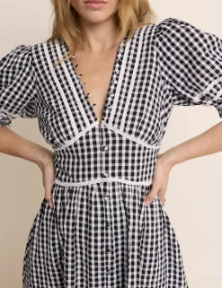 Pure Cotton Gingham V-Neck Midi Tea Dress