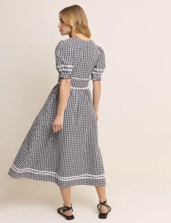 Pure Cotton Gingham V-Neck Midi Tea Dress