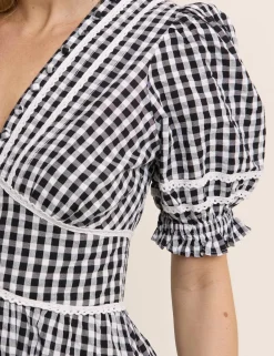 Pure Cotton Gingham V-Neck Midi Tea Dress