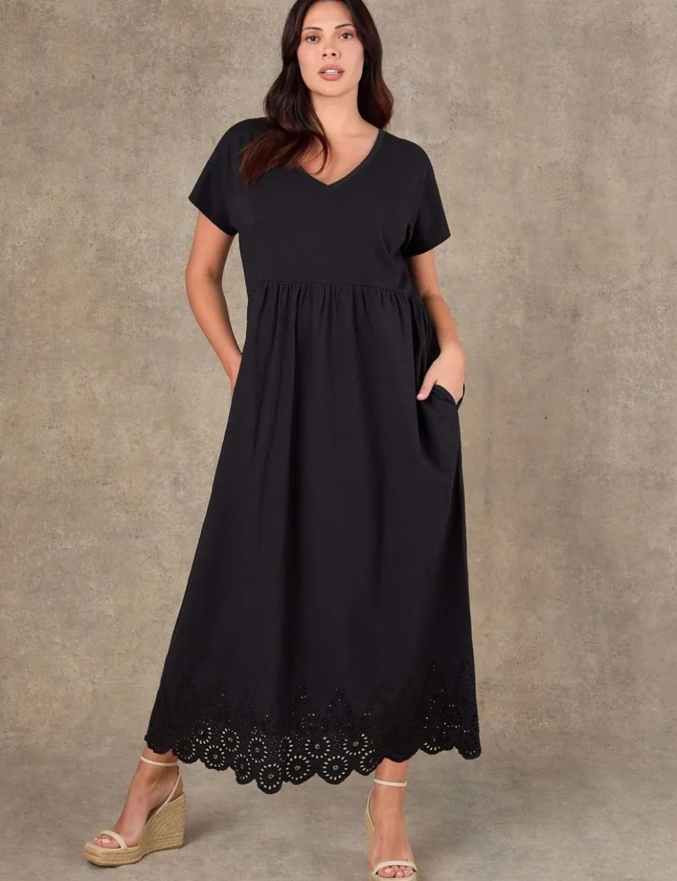 Pure Cotton Jersey Broderie Maxi Skater Dress