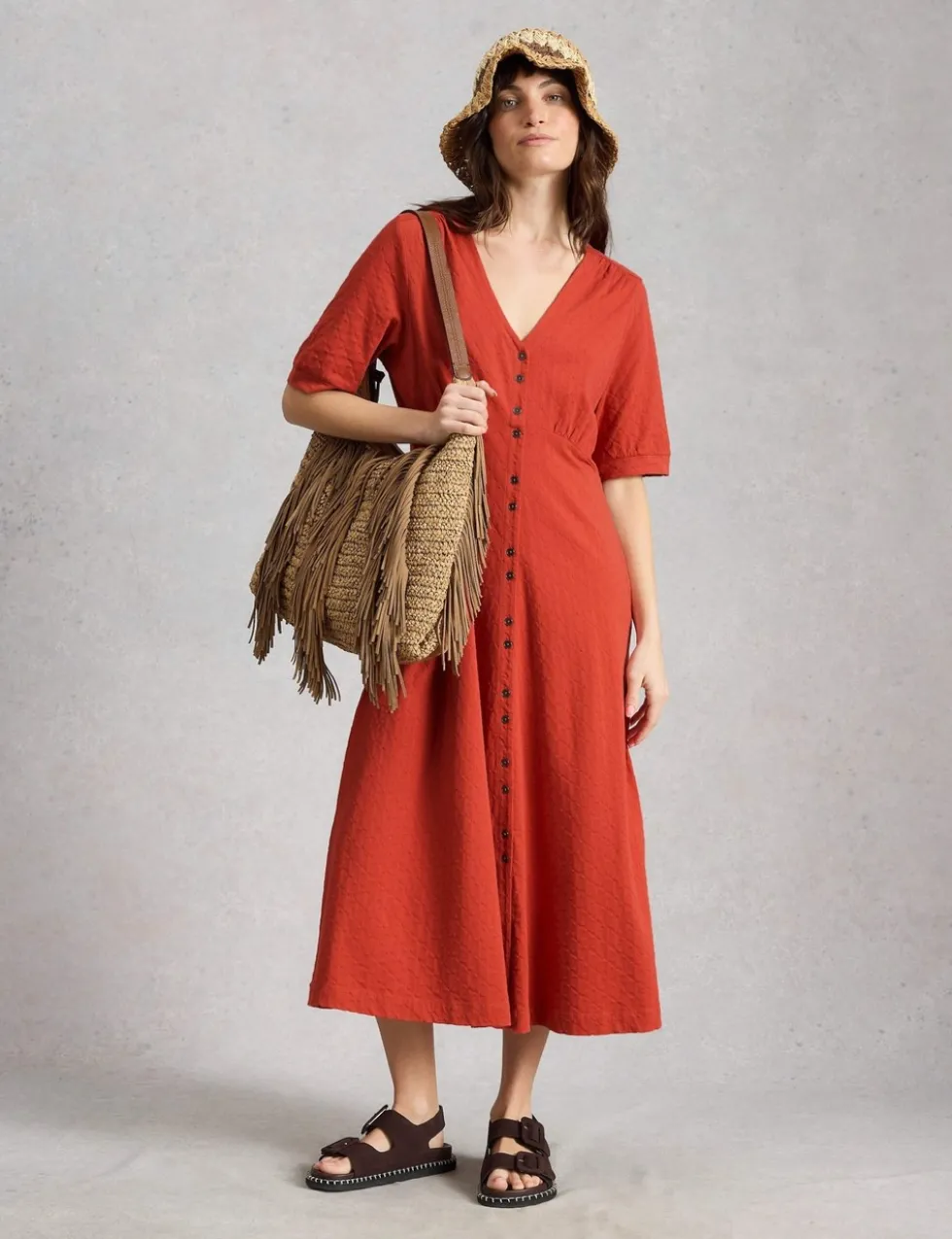 Pure Cotton Jersey Midi Waisted Dress
