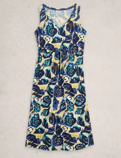Pure Cotton Jersey Printed Midi Waisted Dress