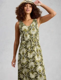 Pure Cotton Jersey Printed Midi Waisted Dress