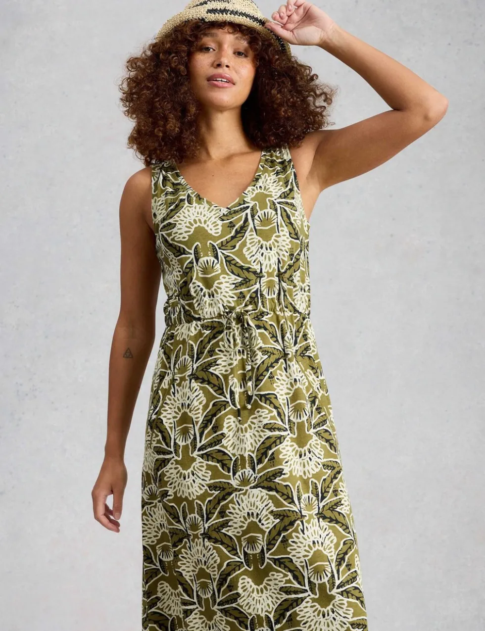 Pure Cotton Jersey Printed Midi Waisted Dress