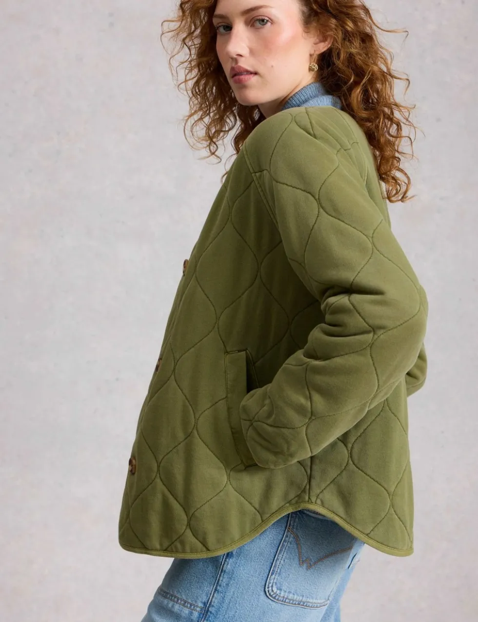 Pure Cotton Jersey Quilted Collarless Jacket