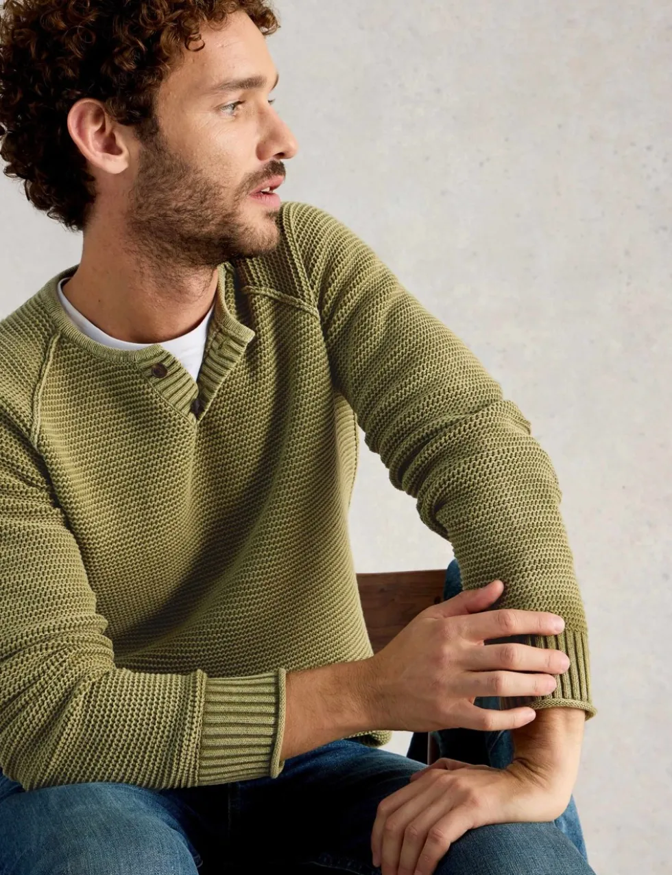 Pure Cotton Knitted Henley Jumper