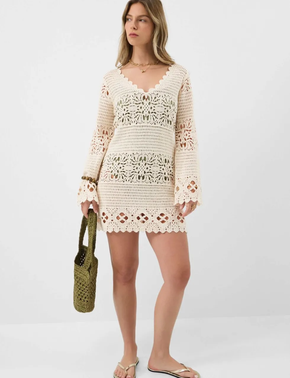 Pure Cotton Knitted V-Neck Mini Beach Dress