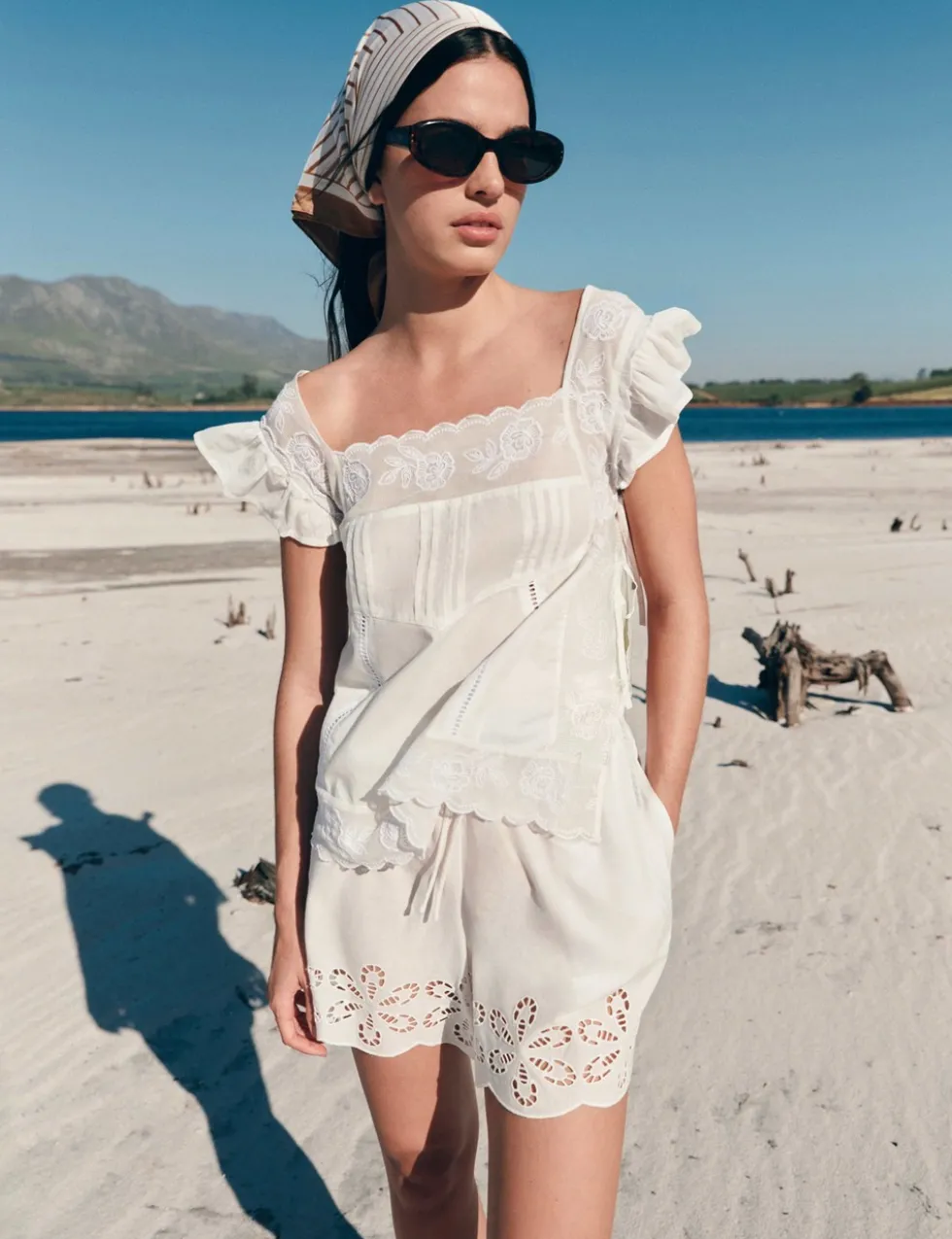 Pure Cotton Lace Bib Detail Embroidered Top