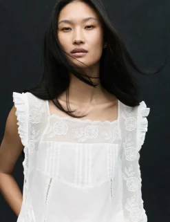 Pure Cotton Lace Bib Detail Embroidered Top