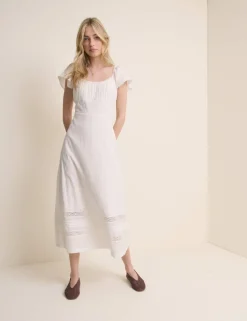 Pure Cotton Lace Insert Midi Waisted Dress