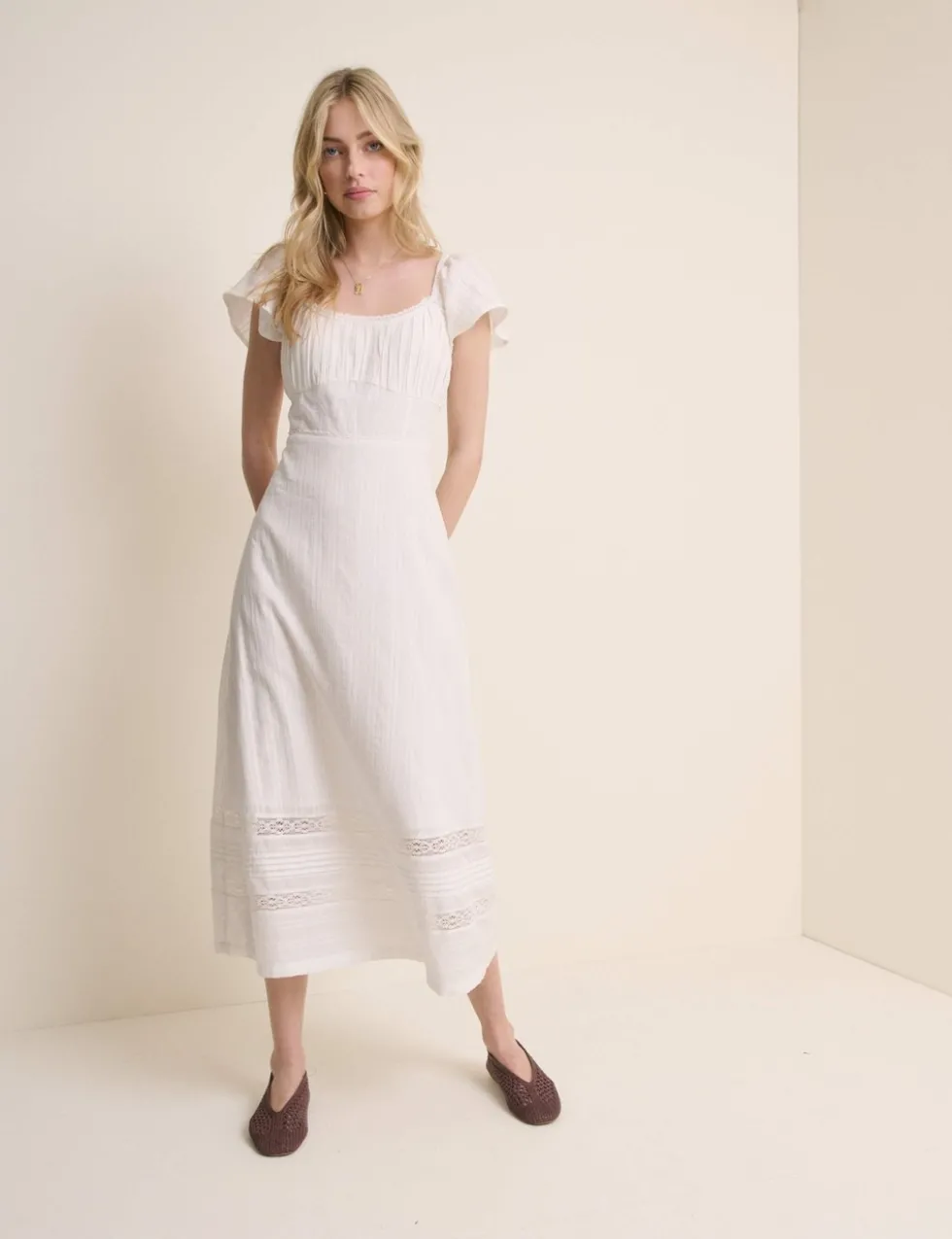 Pure Cotton Lace Insert Midi Waisted Dress
