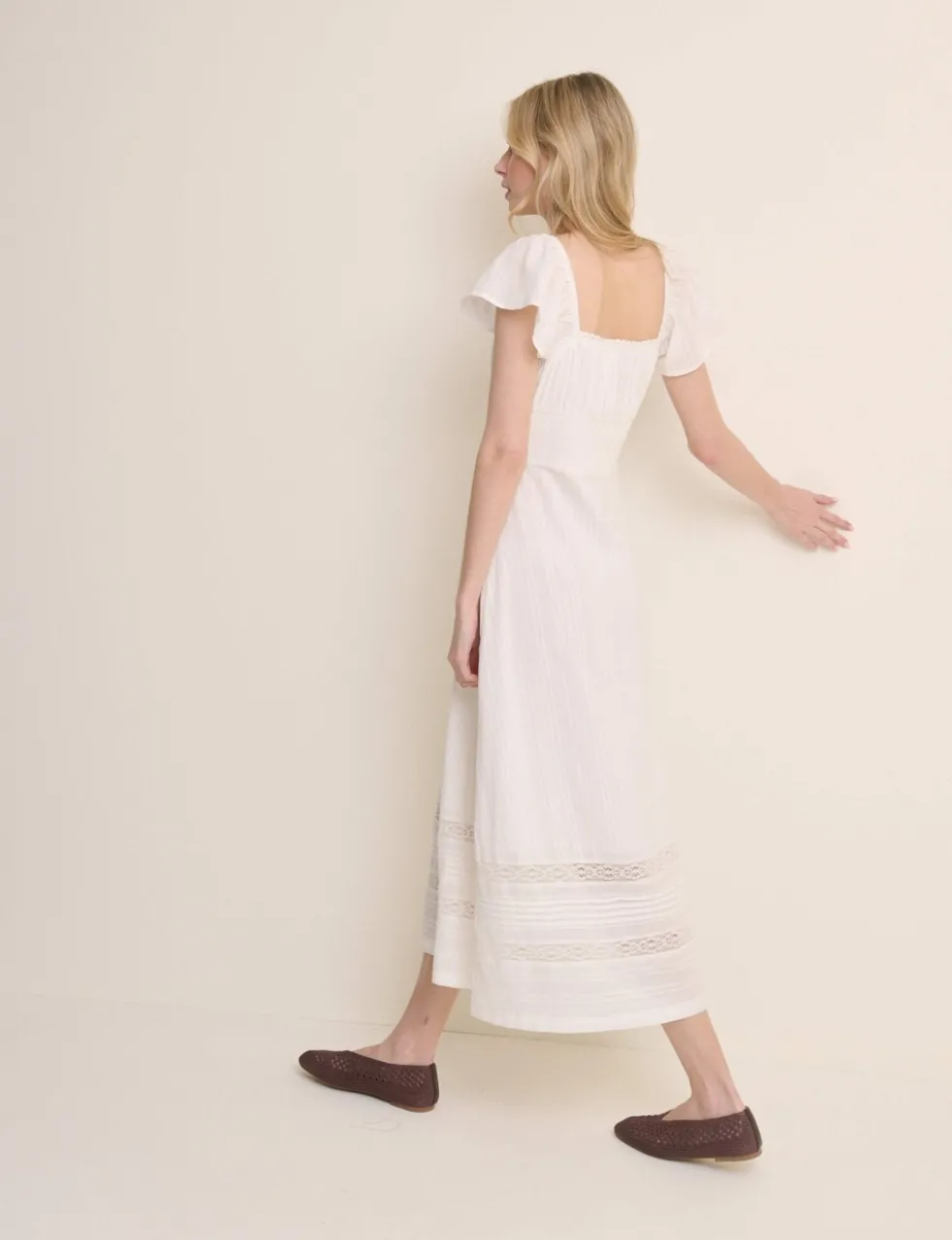 Pure Cotton Lace Insert Midi Waisted Dress