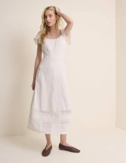 Pure Cotton Lace Insert Midi Waisted Dress