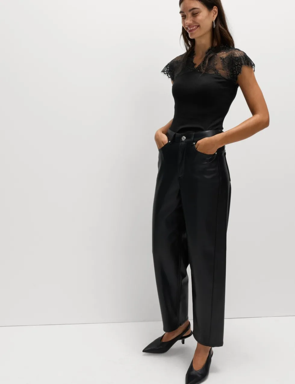 Pure Cotton Lace Insert V-Neck Top