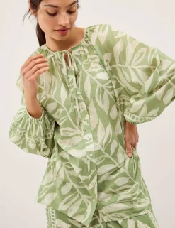 Pure Cotton Leaf Print Tie Neck Blouse