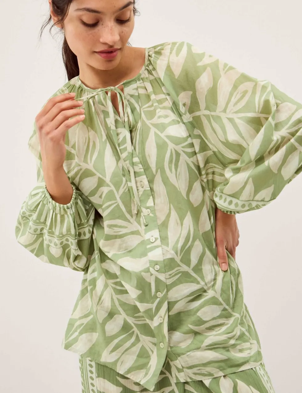 Pure Cotton Leaf Print Tie Neck Blouse