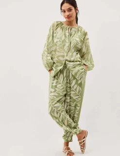 Pure Cotton Leaf Print Tie Neck Blouse