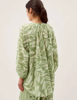 Pure Cotton Leaf Print Tie Neck Blouse
