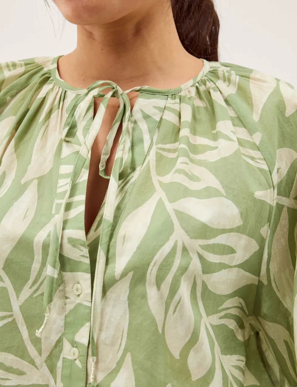 Pure Cotton Leaf Print Tie Neck Blouse