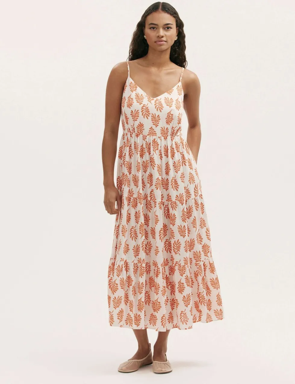 Pure Cotton Leaf Print V-Neck Midi Dress