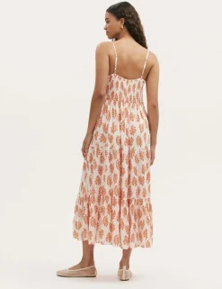 Pure Cotton Leaf Print V-Neck Midi Dress