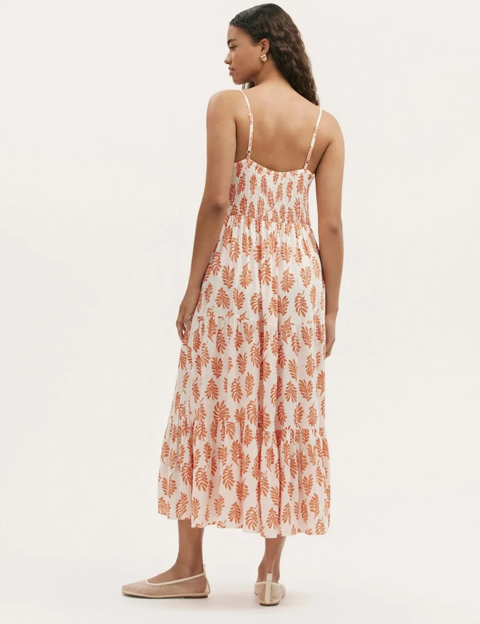 Pure Cotton Leaf Print V-Neck Midi Dress