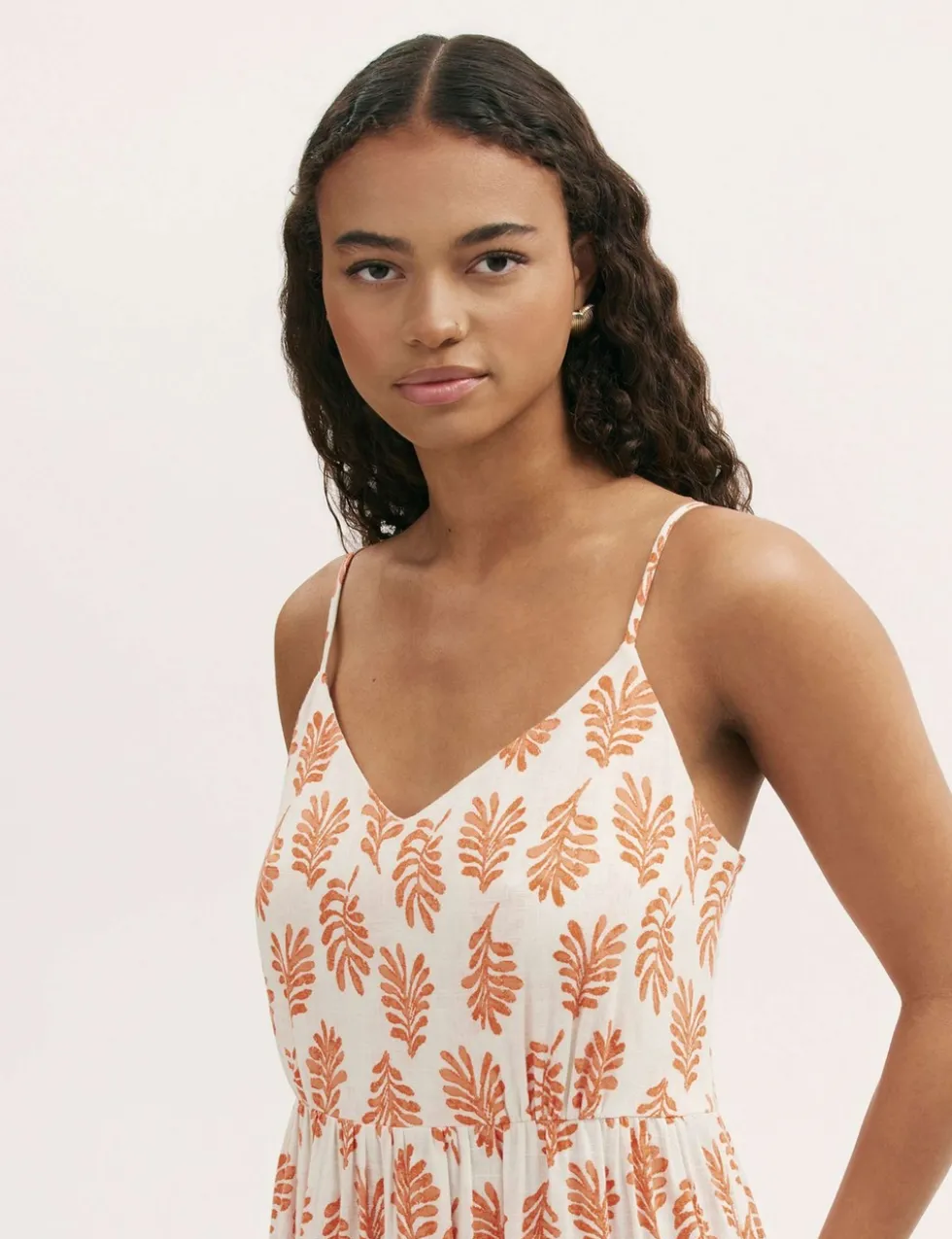 Pure Cotton Leaf Print V-Neck Midi Dress