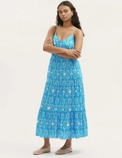 Pure Cotton Leaf Print V-Neck Midi Dress