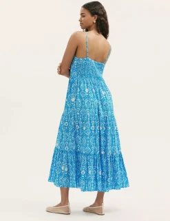 Pure Cotton Leaf Print V-Neck Midi Dress