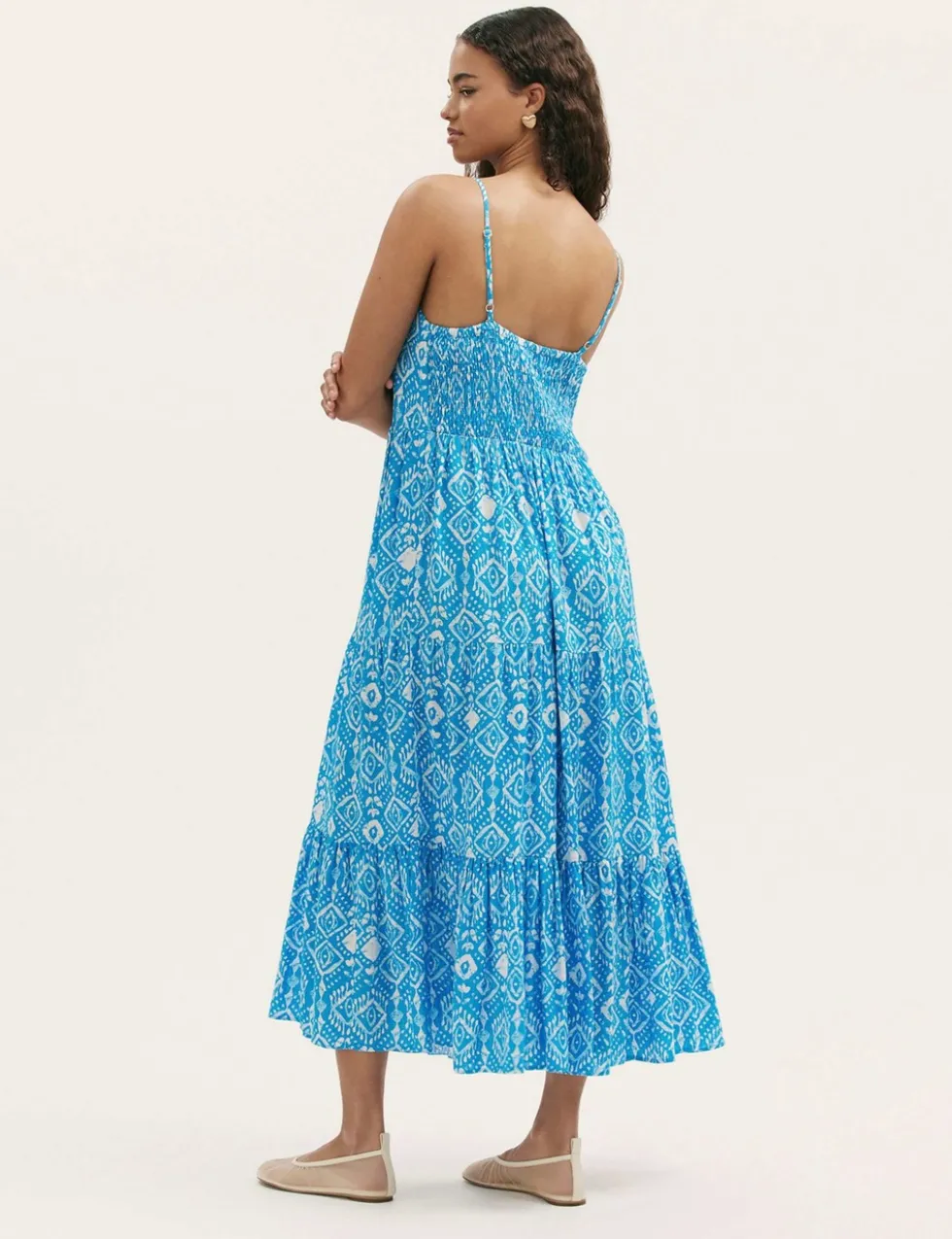 Pure Cotton Leaf Print V-Neck Midi Dress
