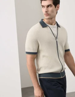Pure Cotton Linear Stitch Zip Knitted Polo