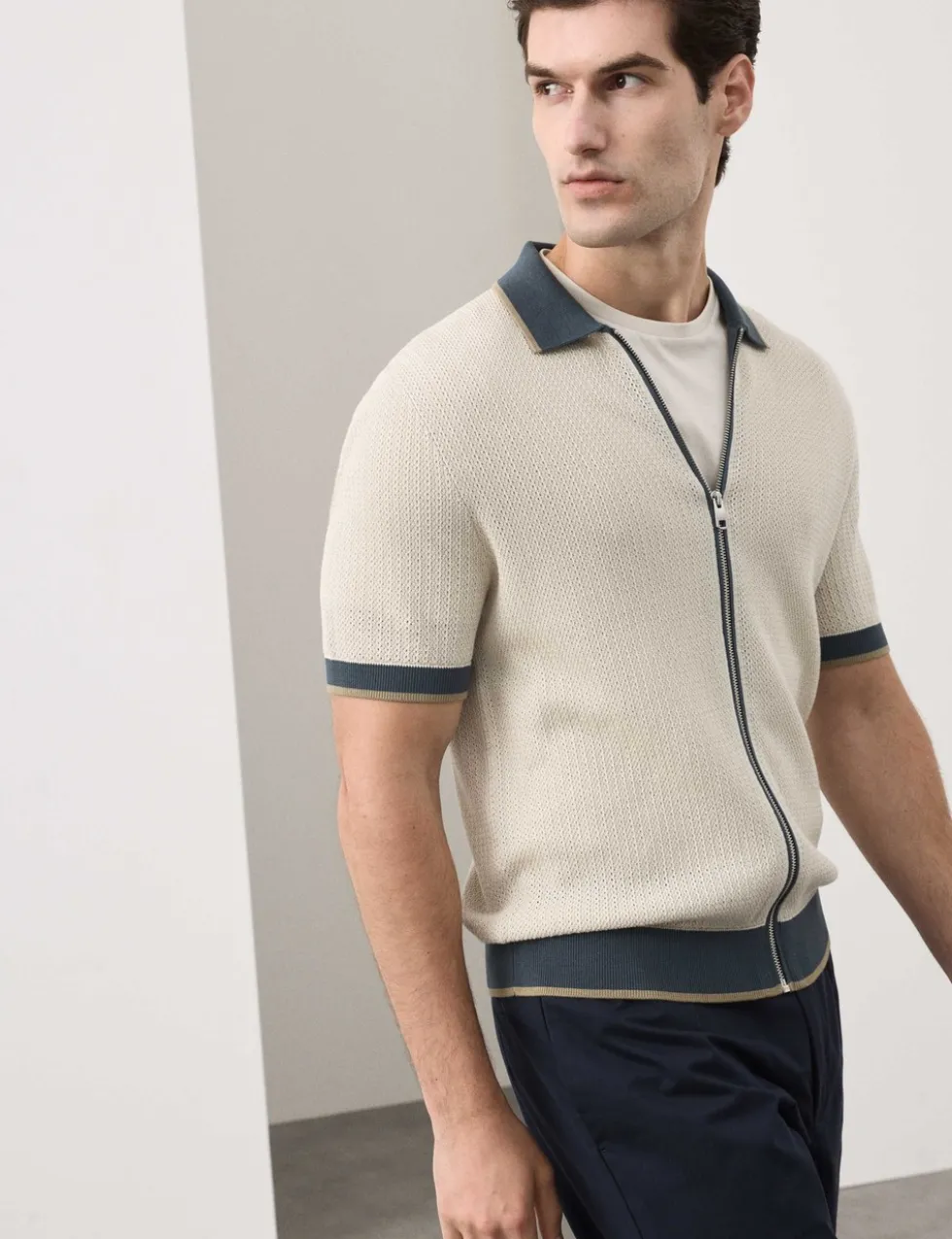 Pure Cotton Linear Stitch Zip Knitted Polo