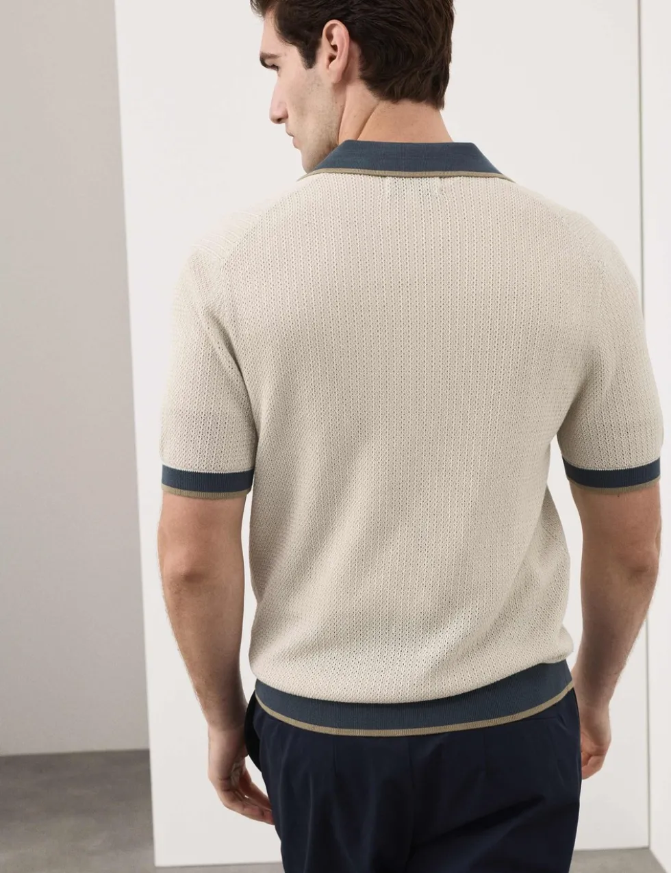 Pure Cotton Linear Stitch Zip Knitted Polo