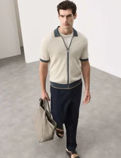 Pure Cotton Linear Stitch Zip Knitted Polo