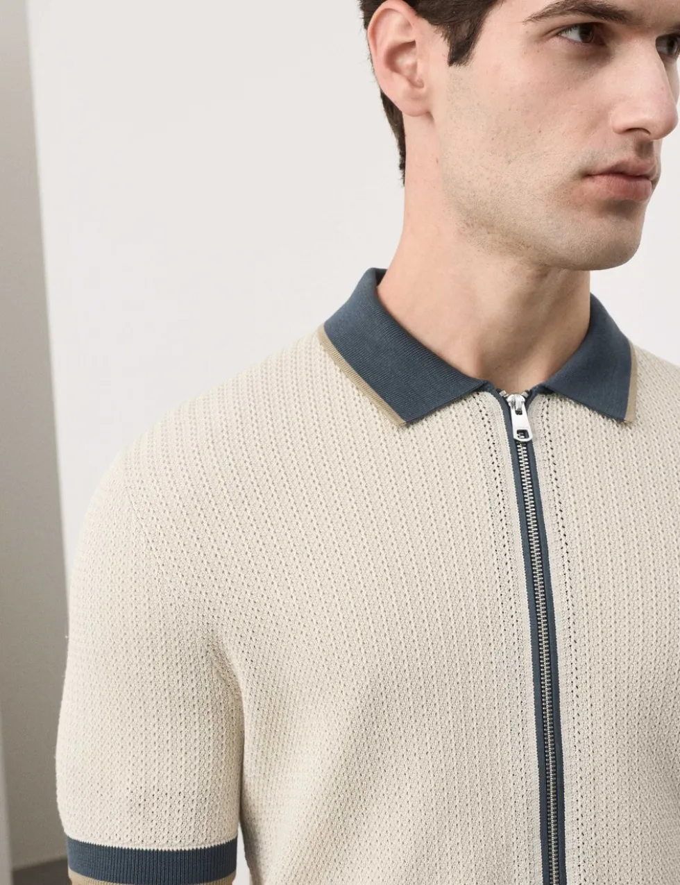 Pure Cotton Linear Stitch Zip Knitted Polo
