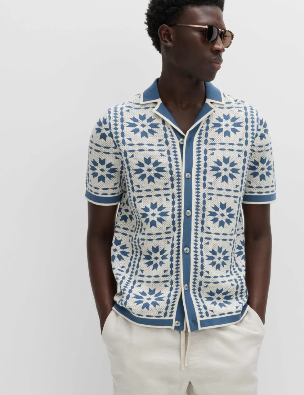 Pure Cotton Mosaic Button-Through Polo Shirt