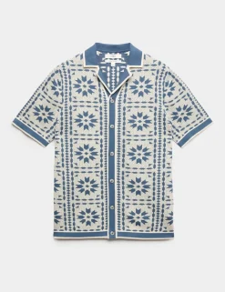 Pure Cotton Mosaic Button-Through Polo Shirt