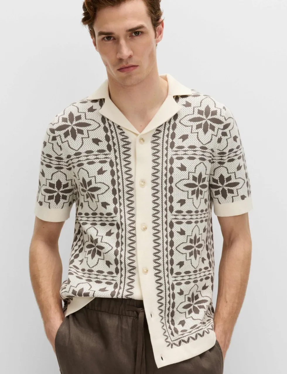 Pure Cotton Mosaic Button-Through Polo Shirt