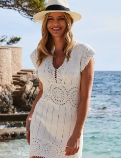 Pure Cotton Open Knit Cap Sleeve Mini Dress