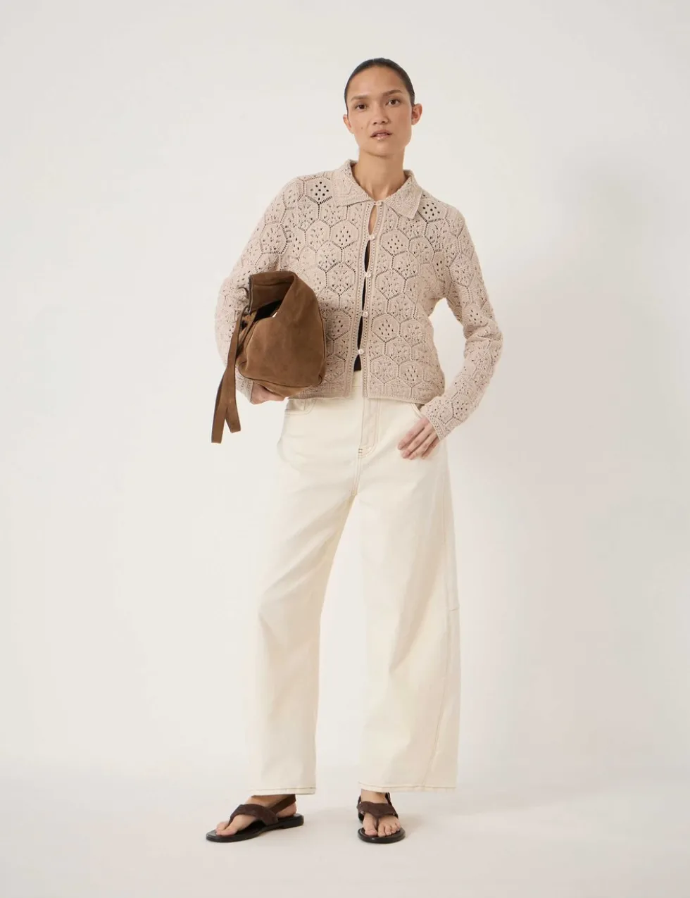 Pure Cotton Open Knit Collared Cardigan