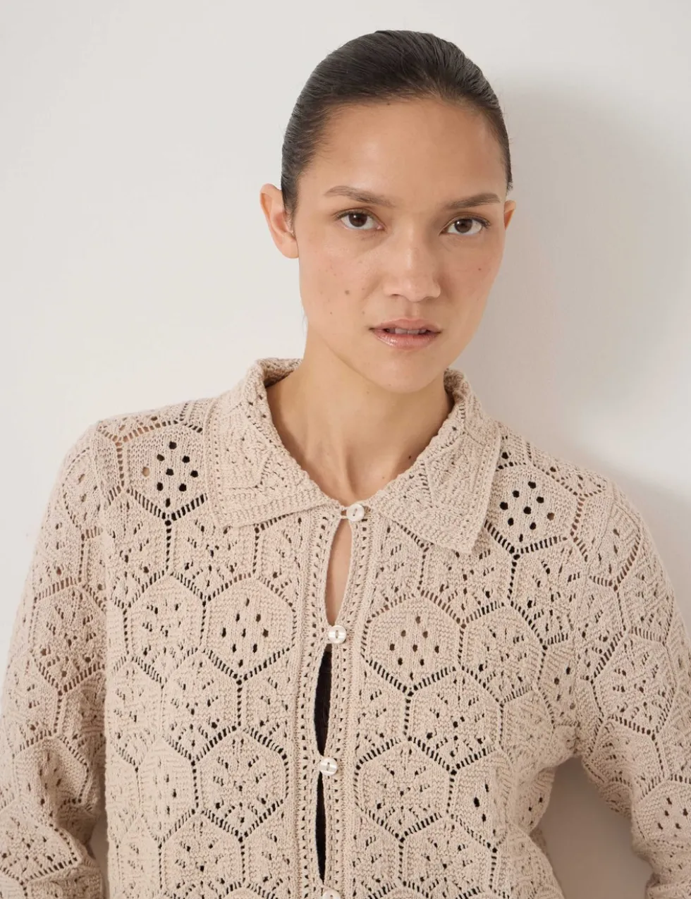 Pure Cotton Open Knit Collared Cardigan