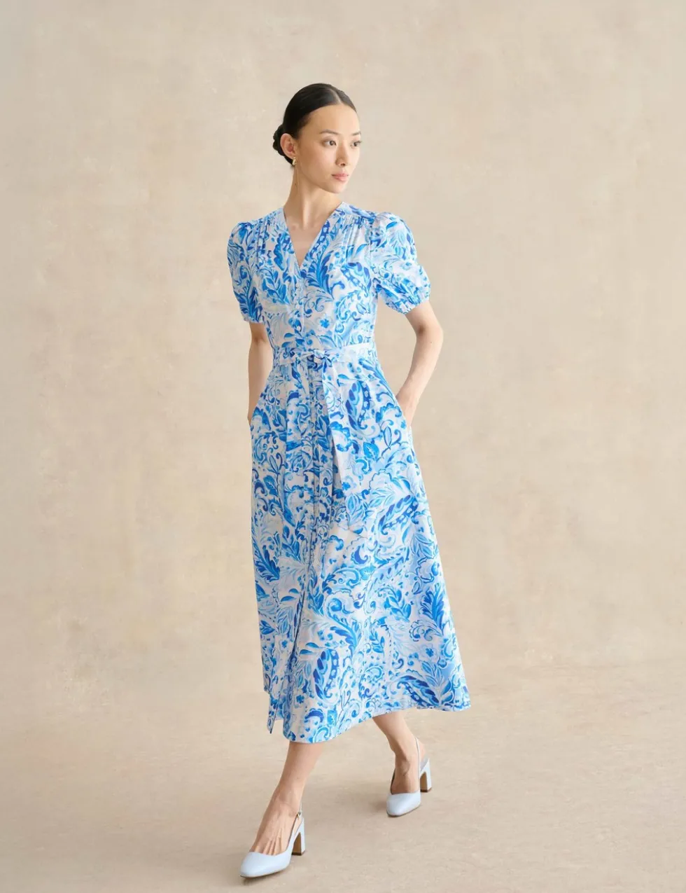 Pure Cotton Paisley V-Neck Midi Dress