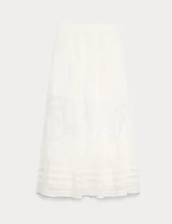 Pure Cotton Pintuck Lace Maxi A-Line Skirt
