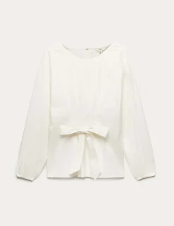 Pure Cotton Pleat Tie Detail Blouse