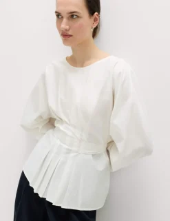 Pure Cotton Pleat Tie Detail Blouse