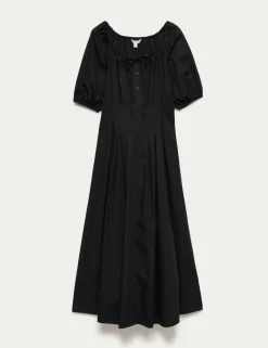 Pure Cotton Pleated Midi Waisted Tea Dress